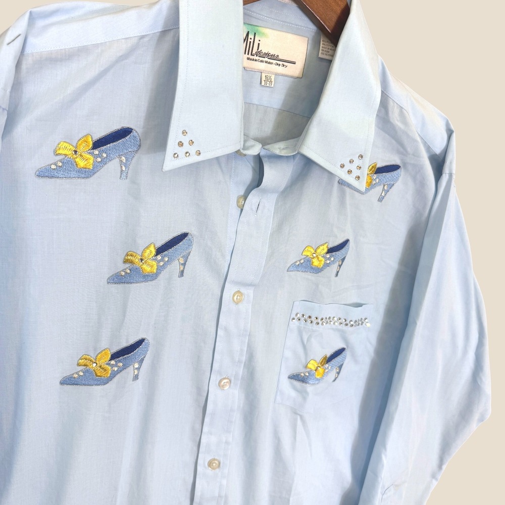 Vintage MiLi Designs Button Shirt Men 16.5 Blue Embroidered High Heels Pride